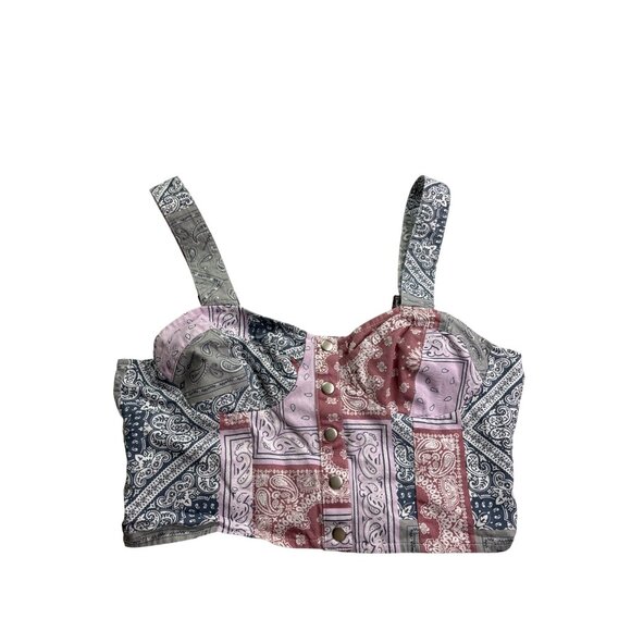 BaeVely Womens Patchwork Bandana Print Crop Top Size S Snap Front Boho Retro - Picture 1 of 7